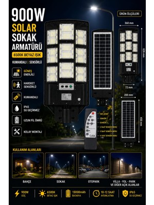 Sakin Enerji 900W Kumandalı Solar Güneş Enerjili Sokak Armatürü 6500K