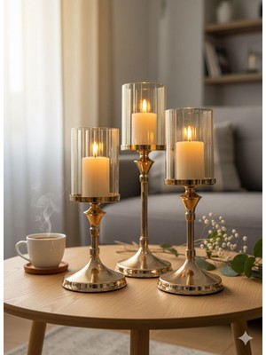 Volix Dizayn 3'lü Gold Şamdan Seti 34-29-24 cm – Dekoratif Masa Şamdanı Salon & Yemek Masası Mumluk