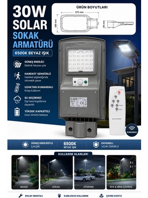 Sakin Enerji 30W Kumandalı Solar Güneş Enerjili Sokak Armatürü 6500K