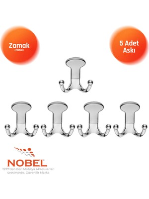 Nobel Melon Askı, Metal Vestiyer Askısı, Krom, Duvar ve Dolap Askılığı (5'li Set) Vidalı
