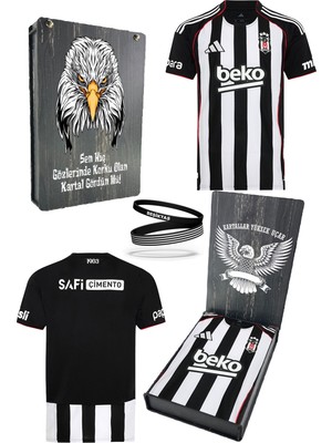 Beşiktaş Orijinal 25/26 Siyah Beyaz Çubuklu Forma Bileklik Hediyeli Özel Tasarım Hediyelik Ahşap Kutulu