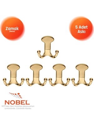 Nobel Melon Askı, Metal Vestiyer Askısı, Altin, Duvar ve Dolap Askılığı (5'li Set) Vidalı