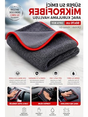 Die Grup Mikrofiber Araç Kurulama Havlusu 50X70 Cm, Kırmızı-Gri Orta Boy Araç Temizleme Bezi