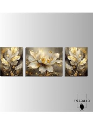 Die Grup 3 Parça Şık Kanvas Duvar Tablosu, Gold Sarı Beyaz Çiçek Tasarım, 40 x 60 cm