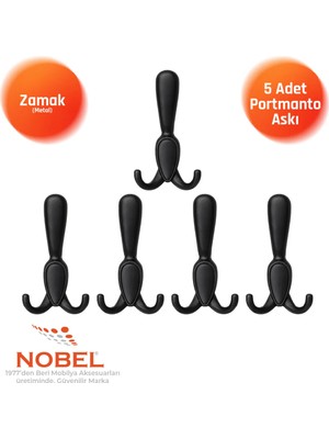 Nobel Ari̇s Portmanto Askısı, Metal Vestiyer Askısı, Matsiyah, Duvar ve Dolap Askılığı (5'li Set) Vidalı