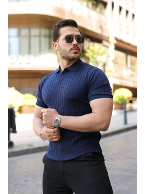 Aymood Erkek Örgü Desen Yakalı Kısa Kollu Triko Tişört