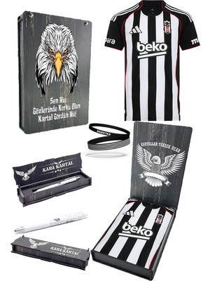 Beşiktaş Orijinal 25/26 Siyah Beyaz Çubuklu Forma Kalem + Bileklik Hediyeli Özel Tasarım Hediyelik Ahşap Kutulu