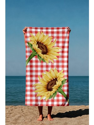 Luvis Store Sunny Gingham Ayçiçeği Desenli Baskılı Plaj Havlusu