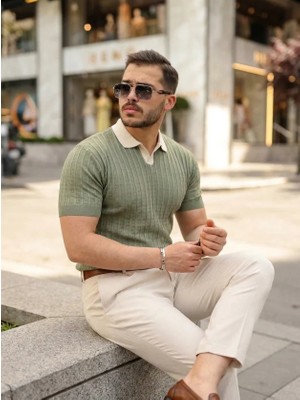 Aymood Erkek Yaka Detaylı Desen Dokulu Triko Tişört