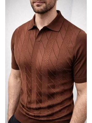 Aymood Erkek Yazlık Triko Dokuma Tişört Kısa Kol Polo Yaka T-Shirt - Kahverengi