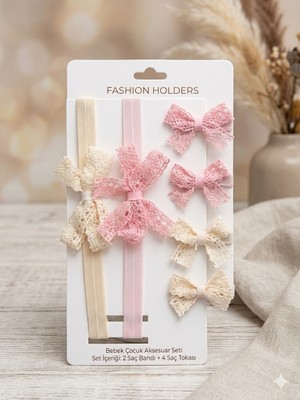 Laria Bebek Çocuk Saç Aksesuar Seti - 2 Adet Dantel Bandana & 4 Adet Fiyonk Toka