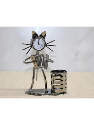 Lovesta Home Metal Akordiyon Çalan Müzisyen Kedi Saat ve Kalemlik