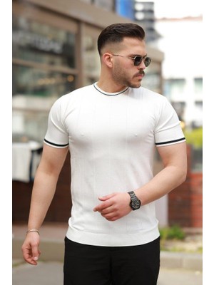Aymood Erkek Bisiklet Yaka Çizgi Desenli Ribanalı Kısa Kollu Tshirt