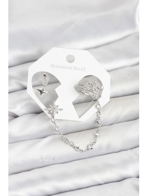 Alkasaz Kutup Yıldızı Model Pirinç Gümüş Renk Zincir Bağlantılı Ear Cuff Küpe Seti