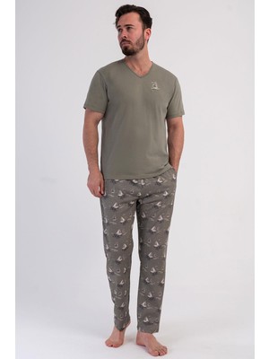 Vienetta Erkek Kısa Kollu V Yaka Haki Pijama Takımı C4T7N0106