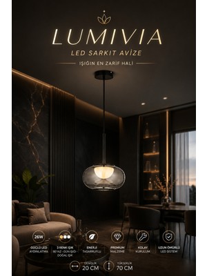 Elvora Home Modern (Premium) Tekli Füme Cam 3 Renkli Şık Ledli 26W Sarkıt Avize Salon Mutfak Avizesi Modelleri