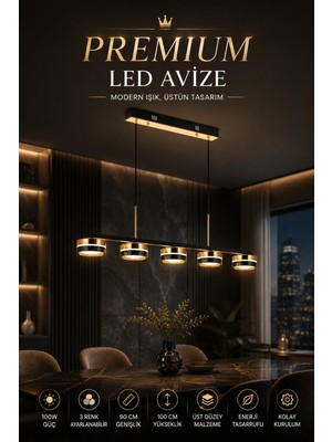 Elvora Home Modern (Premium) 5'li Gold 3 Renkli Şık Ledli 100W Sarkıt Avize Salon Mutfak Yemek Masası Avizesi Modelleri