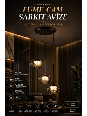 Elvora Home Modern (Premium) 3'lü Füme Cam Küre 3 Renkli Şık Ledli 78W Sarkıt Avize Salon Mutfak Avizesi Modelleri