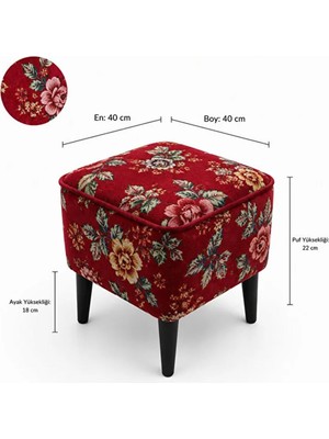 Coart Home Puf - Ayak Uzatma Koltuğu, Ahşap Ayak, Kırmızı, 40X40 Cm, Kare