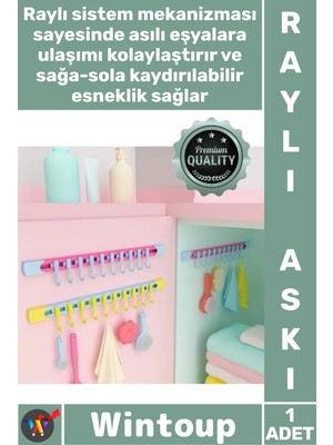 Wintoup #askı Yapışkanlı Dolap Içi Pratik Askı Fonksiyonel 10 Kancalı Raylı Mutfak Banyo Düzenleyici Askı