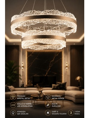Elvora Home Modern (Premium) 2'li Kristal 3 Renkli Ledli 93W Sarkıt Avize Salon Mutfak Oturma Odası Avizesi Modelleri