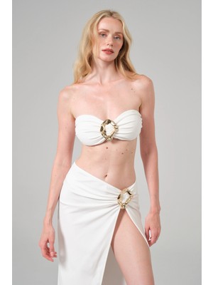 Ales Butik Alesbutik Beyaz  Metal Tokalı Straplez Bikini ve Pareo Seti,