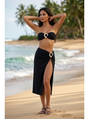 Ales Butik Alesbutik Siyah Metal Tokalı Straplez Bikini ve Pareo Seti