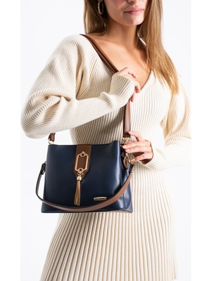 Sanmorris Sedef Çanta Ss 1438 Gold Detaylı 3 Bölmeli Omuz ve Çapraz Çanta Lacivert