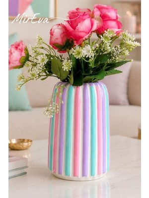 Mireva El Yapımı Beton Vazo, Pastel Çizgili, Maksimalist Modern Bohem Stil, 17 cm Yükseklik, 10 cm Genişlik, Pembe Mavi Mor Turkuaz Renkli, Ev Ofis ve Kafe Dekoru Için Dekoratif Çiçeklik