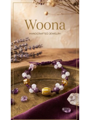 Woona Meditasyon ve Odaklan & Huzur ve Denge Enerjisi - Ay Taşı & Ametist & Fosfiderit El Yapımı Ayarlanabilir Özel Tasarım Premium Doğal Taş Bileklik
