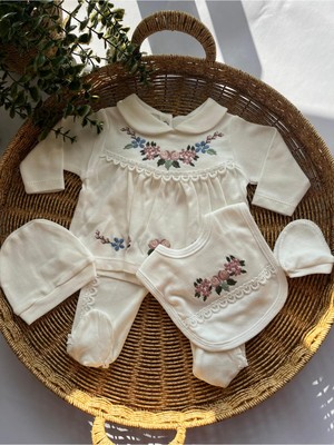 Bambik Zuhu Baby Kız Bebek Nakışlı 5’li Hastane Çıkışı Seti %100 Pamuk (Şapka, Üst, Alt, Eldiven, Önlük)