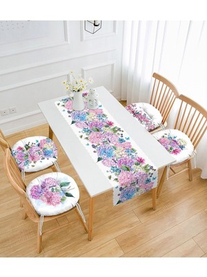 Realhomes Ortanca Çiçek Motifli 4 Yuvarlak Pofidik Sandalye Minderi ve 1 Runner Seti
