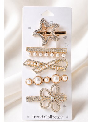 Trend Collection Kadın Inci ve Taş Detaylı Gold 5’li Mandal Toka Seti