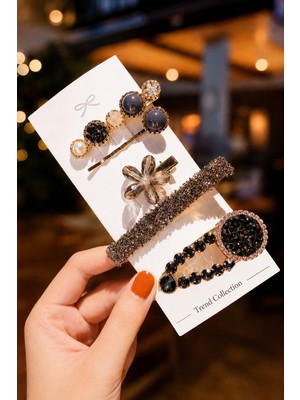 Trend Collection Kadın Siyah Taşlı Lüks Tasarım 5’li Saç Tokası Seti