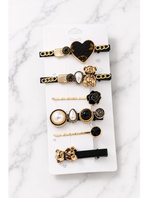 Trend Collection Siyah Figürlü Toka Seti Kalp Ayıcık Inci Taşlı Kadın Saç Tokası