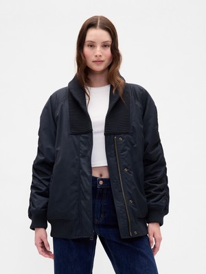 Gap Kadın Lacivert Oversized Triko Kenar Detaylı Bomber Ceket