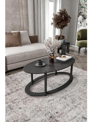Oval 2 Katlı Ahşap Orta Sehpa Modern Oturma Odası ve Salon Için Dekoratif Şık Tasarım Kullanışlı Dayanıklı Orta Masa (Siyah)