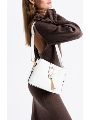Sanmorris Sedef Çanta Ss 1438 Gold Detaylı 3 Bölmeli Omuz ve Çapraz Çanta Beyaz