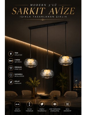 Elvora Home Modern (Premium) 3'lü Cam 3 Renkli Ledli 78W Sarkıt Avize Salon Mutfak Yemek Masası Üstü Avizesi Modelleri