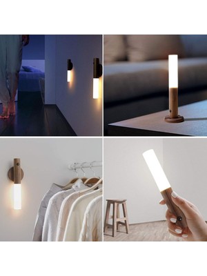 LED Hareket Sensörlü Işık, Ahşap Duvar Lambası, Akü Merdiveni, USB Şarj Edilebilir, Vintage