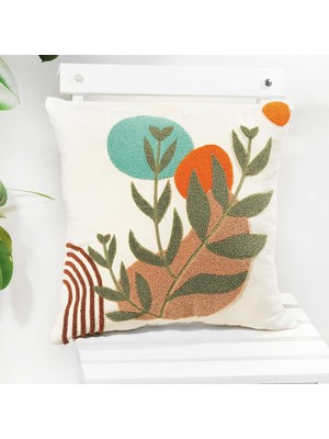 Bohem Tarzı Punch Nakışlı Kırlent Kılıfı – 45X45 Cm, Beyaz Kumaş, Dekoratif Yastık Kıl�
