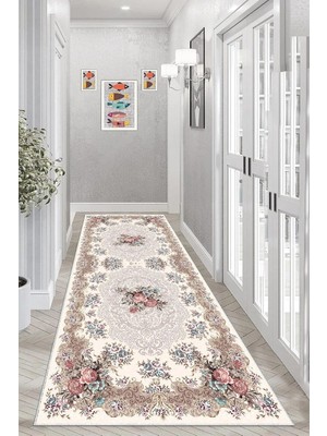 Pelangi Gül Desenli Dijital Baskı Yıkanabilir Modern Salon Halı ve Yolluk, Bej 60 x 120, 9554527