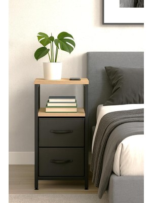 Miyuhome 2 Raflı Komodin Deri Çekmeceli Düzenleyici Yatak Odası Organizer Metal Komodin Antrasit
