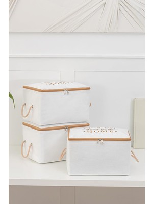 Rekhome 3'lü Beyaz Bej Baskılı Küçük Boy Baza Altı, Valiz Düzenleyici Hurç / 30X22X18
