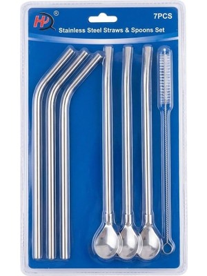 Smartizi 7 Parça Paslanmaz Çelik Metal Pipet ve Kaşık Pipet Seti - Esnek Temizleme Fırçalı Ye
