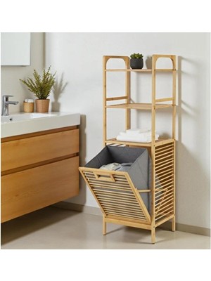 Bambu Çamaşır Sepetli Raf 3 Katlı Banyo Düzenleyici Kirli Sepeti Dolabı 40X30X120 cm Gri Hazne