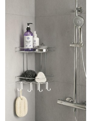 Banyo Köşe Rafı Askılı Duş Organizeri ve Şampuanlık 2 Katlı Krom Ek-02 Gri