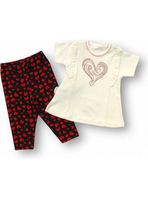 Veraura Lifestyle 3-6 6-9 9-12 12-18 Ay Kalp Baskılı Uzun Kollu Sweatli 2li Kız Bebek Takımı Ekru