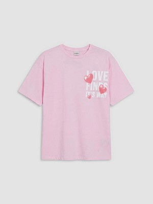 LC Waikiki Lcw Kids Pembe Bisiklet Yaka Baskılı Kız Çocuk Tişört