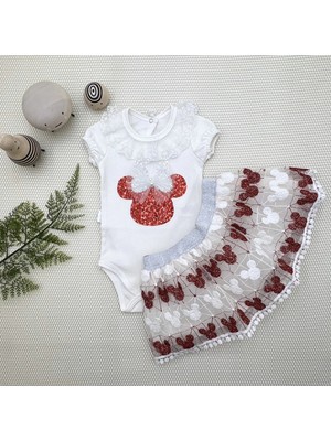 Veraura Lifestyle 1-2-3 Yaş Payetli Mickey Nakışlı Kısa Kollu Brode Etekli 2li Kız Bebek Takımı Kırmızı